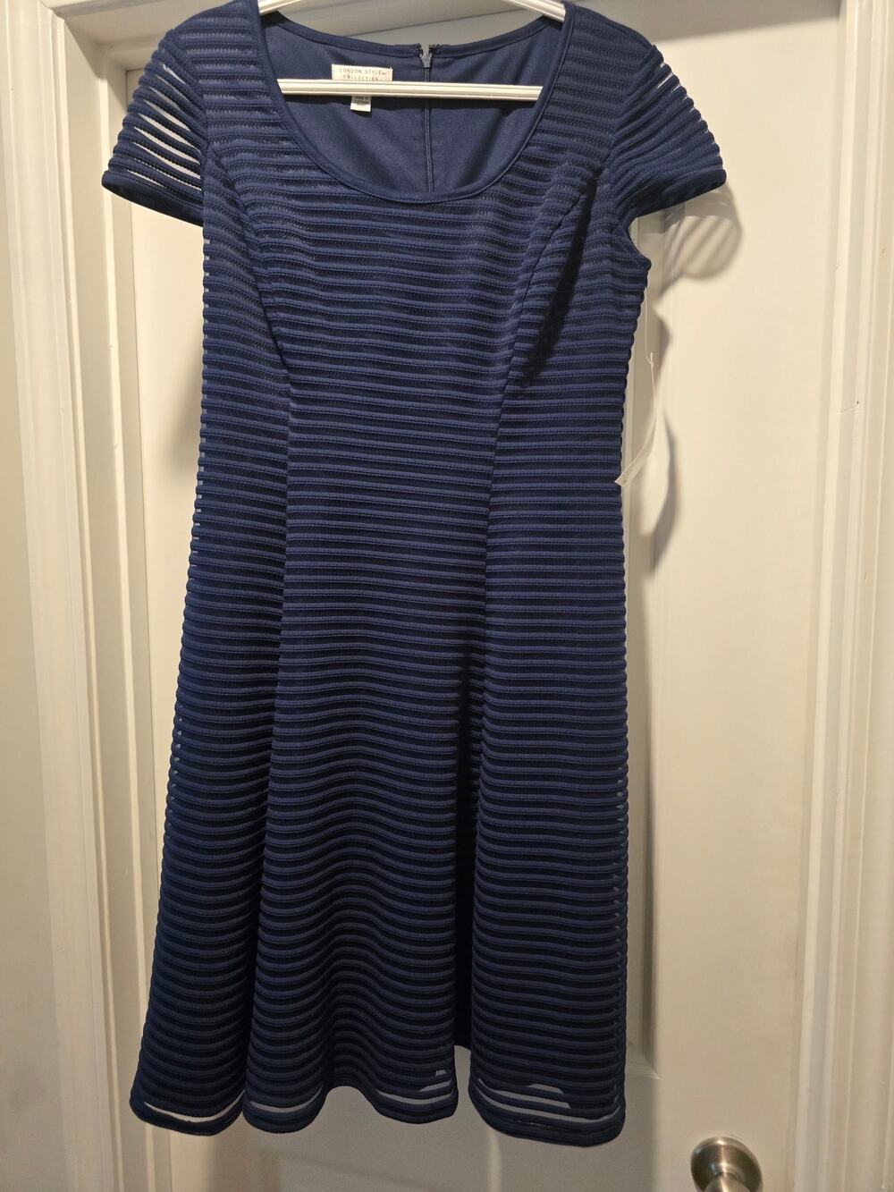 London Style Collection Navy Blue Text Knit Fit & Flare Dress Sz 8 NWT